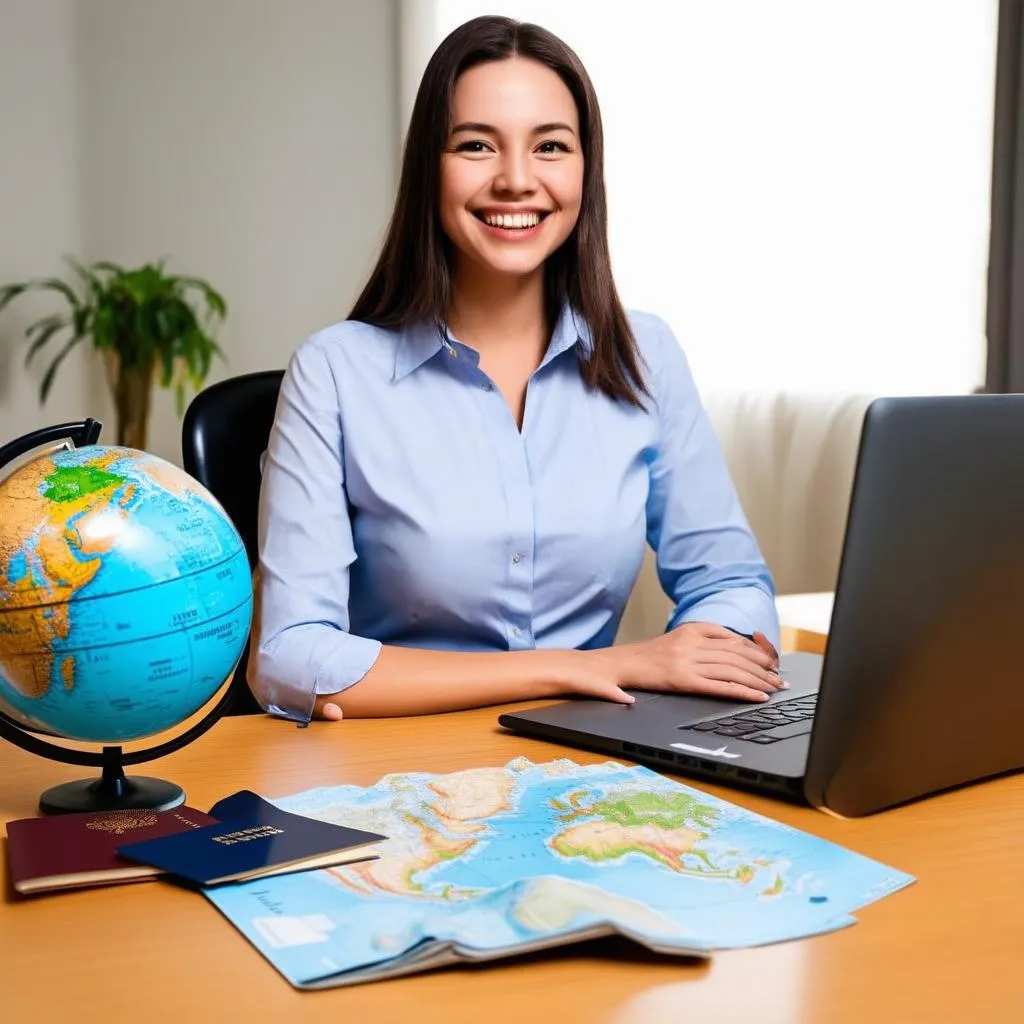 Woman at a desk planning her next vacation